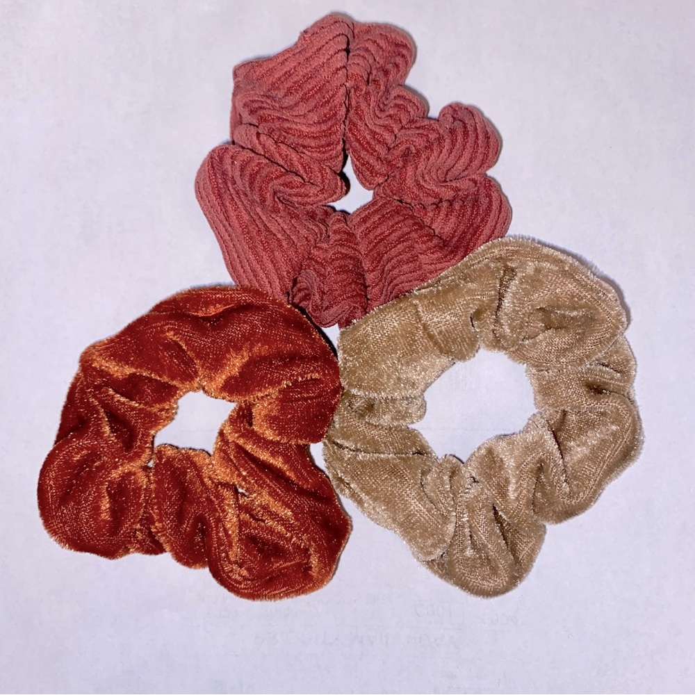 NEW Set of 3 Hair Scrunchies Velour Earth Tone & Ribbed Material